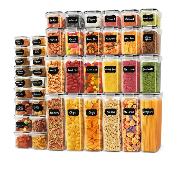 Kit 28 Potes Herméticos Empilháveis Quadrado Resistente Plástico Cozinha Dispensa Alimentos e Bebida