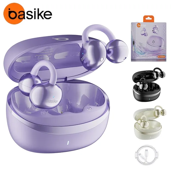 BASIKE fones de ouvido sem fio Ear clip-on bluetooth Fone Alta Fidelidade Estéreo Baixo Esportes Com Mic - Roxo