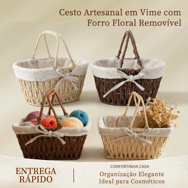 Cesto Organizador em Vime com Alça Forro Floral Removível Decorativo