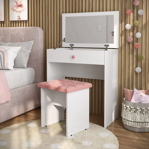 QUEIMA DE ESTOQUE PROMOÇÃO! Penteadeira Escrivaninha Mesa Camarim Com Espelho e Gaveta e  Banqueta Rose MOANA