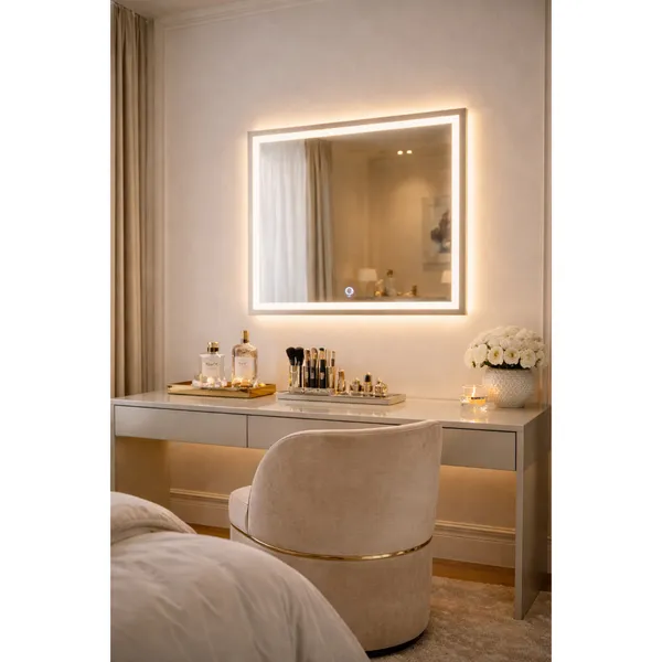 Espelho LED Touch Quadrado 50x50 cm Bivolt Dimmer 3 Temperaturas Jateado Banheiro Salão