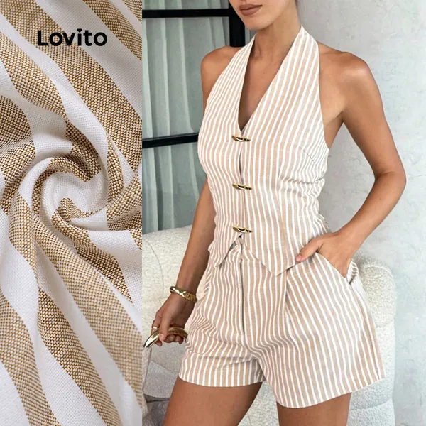 Lovito Conjunto Elegante Blusa Calça Listrada Shorts Fivela Metálica Primavera/verão Calça Marrom Para Mulheres LBL30237