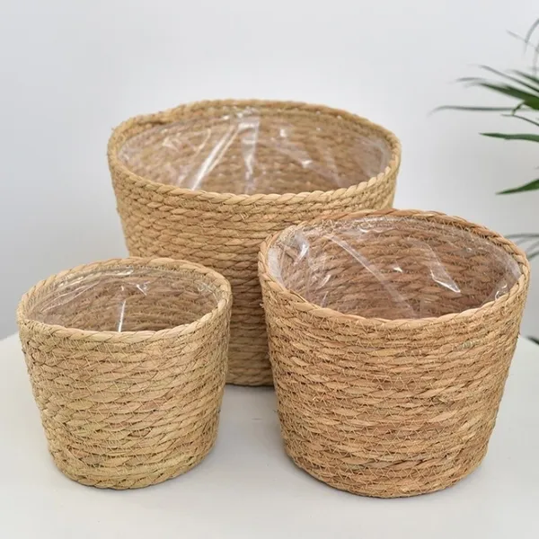 Vaso cesto imitação de vime para flores