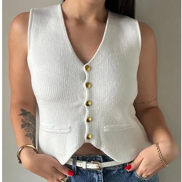 Colete Tricot Modal Feminino Alfaiataria Curto Com Botões Tendência