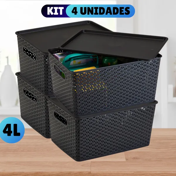 Kit Com 4 Cesto Caixa Organizadora Rattan Com Tampa 4 Litros Preto