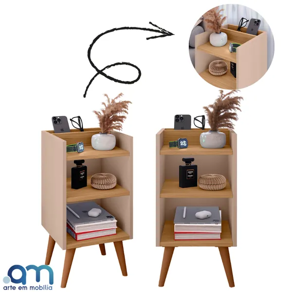 Kit 2 Criados-Mudos Compactos com Porta-Celular e Pés Retrô – Mesa de Cabeceira Lateral Moderna