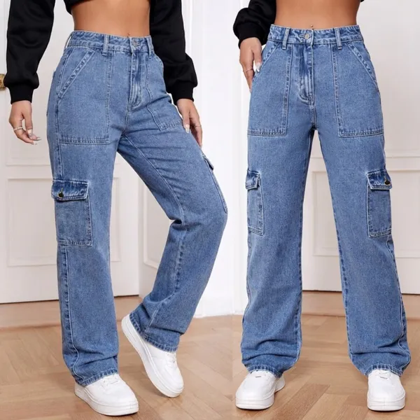 Calça Jeans Cargo Moda Feminina Pantalona Bolso Lateral Cintura Alta Jeans Confortável Premium