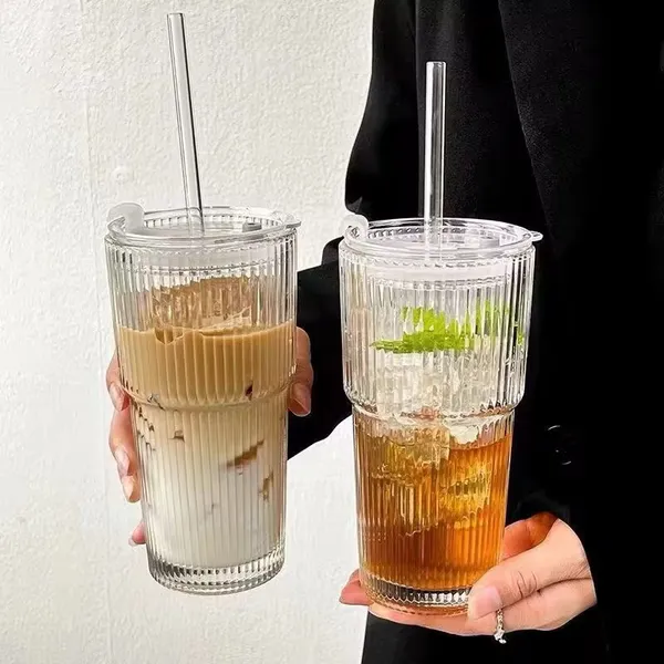 Copo Caneca De Vidro Com Canudo Capuccino Tampa Não Derruba Líquido