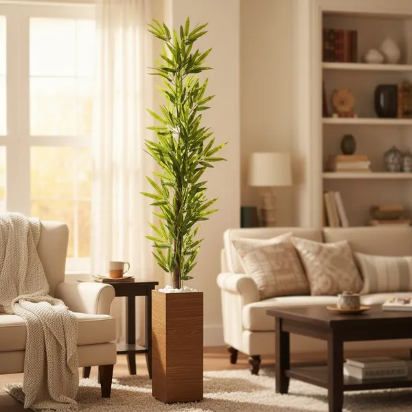 Planta Artificial Bambu Mosso da Sorte com Vaso e Pedras Brancas