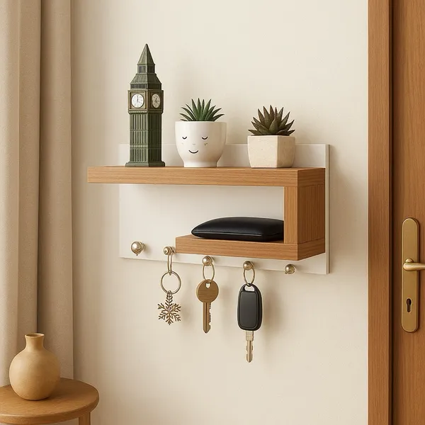 Porta-Chaves de Parede com Prateleira Decorativa em MDF 25x13x8,5 cm – Design Moderno Amadeirado e Branco