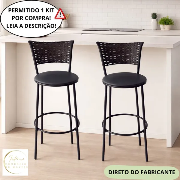 Jogo de 2 Banquetas Altas de Fibra Sintética Preto
