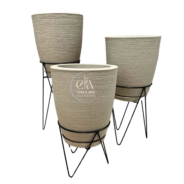 Kit 3 Vasos Escovados Coluna Bojo N1 Decorativos Planta Flor Jardim Sala + Suporte Tripé de Ferro