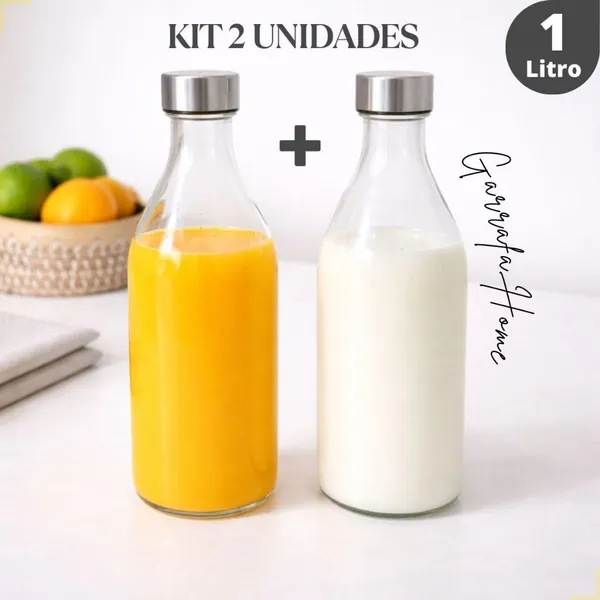 Kit Garrafas de Vidro 1 Litro Tampa Inox Para Água Suco Leite Geladeira Jarra Fechamento Hermético