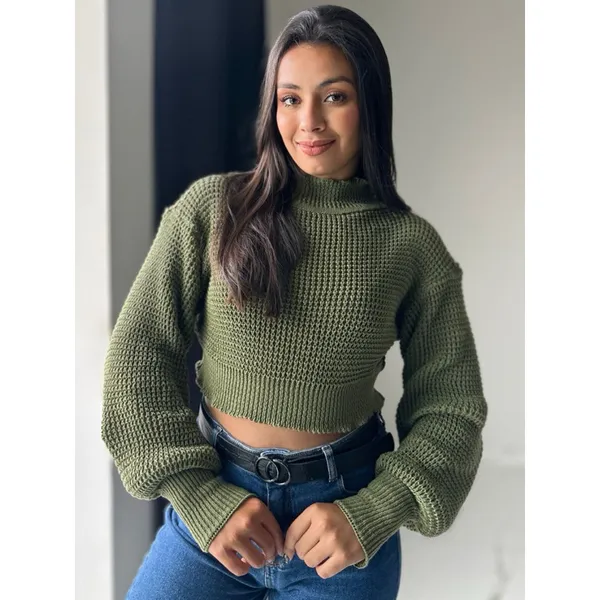 Blusa Cropped Manga Bufante Inverno Tricot Moda feminina Outono 2025 Blogueira