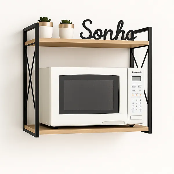 Suporte Micro-ondas Industrial Parede Ferro Madeira Reforçado Prateleira Cozinha Gourmet