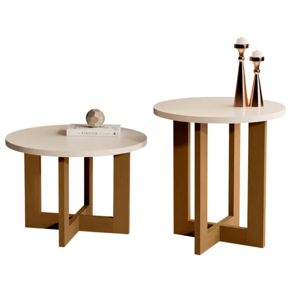 Conjunto 1 Mesa Lateral e 1 Mesa De Centro Redonda Madeira Estilo Retrô Para Sala De Estar Decoração