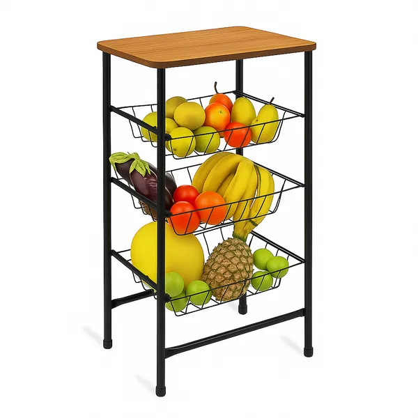 Fruteira de Chão Cozinha Tampo de Madeira Tubo Aço Ferro Resistente