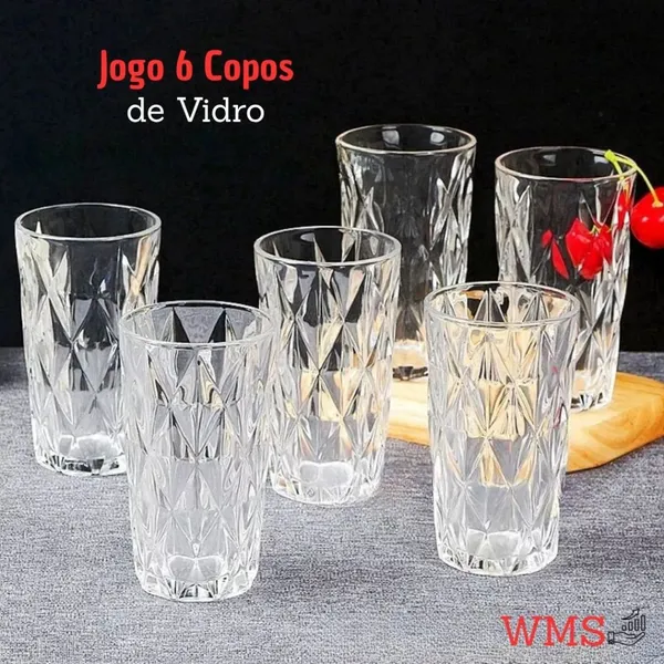 Jogo 6 Copos Diamante Vidro 400ml Cristal Elegante Relevo Geométrico Drinks
