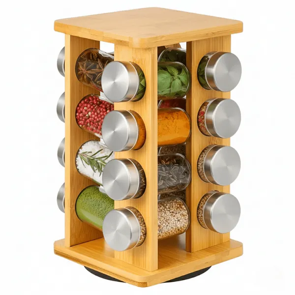 Kit 16 Porta Temperos de Bambu Giratório Potes de Vidro Organizador Condimentos Especiarias Cozinha