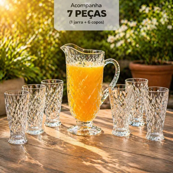 Kit Jarra de Vidro 1,15L+6 Copos 300ML Jogo de Copos de Vidro Transparente Jarra e Copos Suco Água Mesa Dia Das Mães