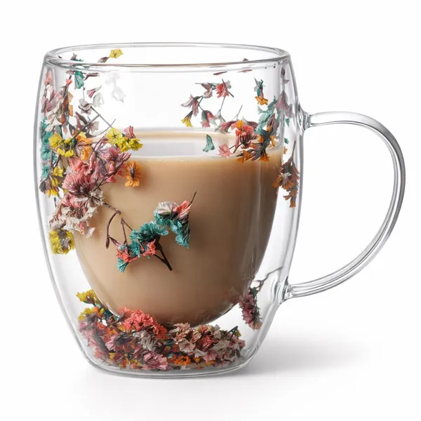 Vittak Caneca Parede Dupla de Vidro Florida 350ml para Bebidas Café Chá Expresso Xícara Isolada