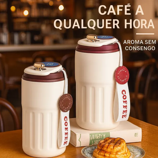 Copo Térmico de Cafe 450 ml Inox com Display Digital Tampa Trava Mantém Bebidas Quentes ou Frias