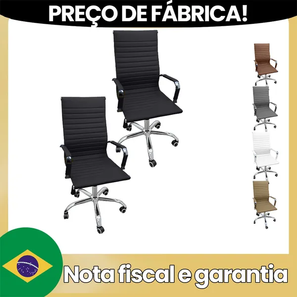 Kit 2 Cadeiras Eames Esteirinha Presidente Alta Estofada Couro
