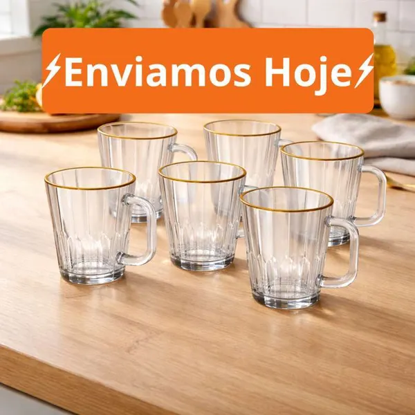 Xícaras De vidro transparente com Borda de Ouro 6 Unidades Cha e Café