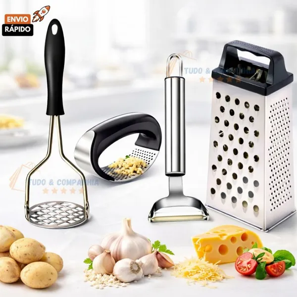 Kit Utensílios Ralador 4 Faces Amassador Batata Amassador Alho Descascador de Legumes em Aço Inox