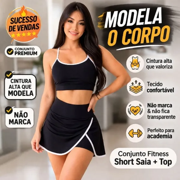 Conjunto Fitness Feminino  Short Saia Duplo  Top Academia  Alta Compressão Zero Transparencia