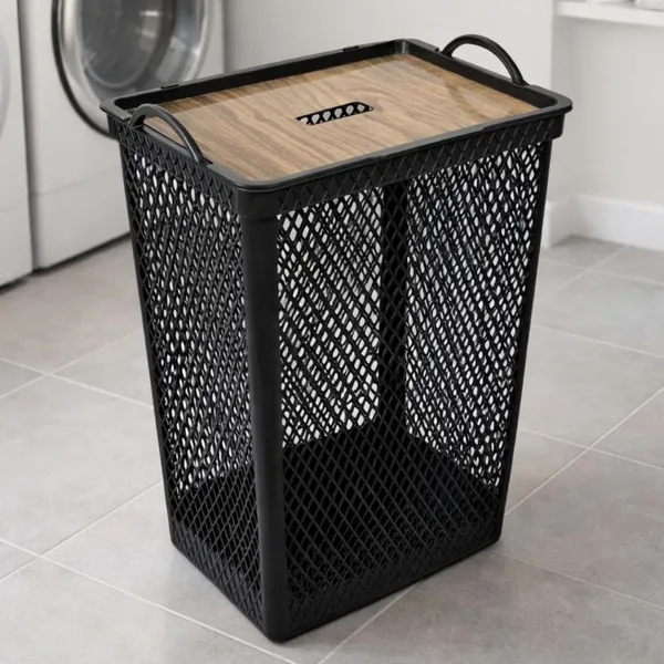 Cesto De Roupa Suja Com Tampa Grande 49L Preto Telado P/ Banheiro Lavanderia - Plástico Reforçado