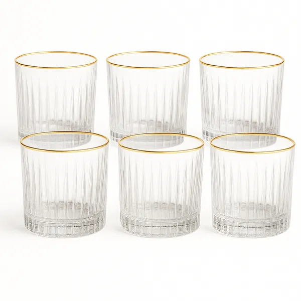 Jogo 6 Copos Baixo Com Borda Dourada Em Vidro 330ml Whisky