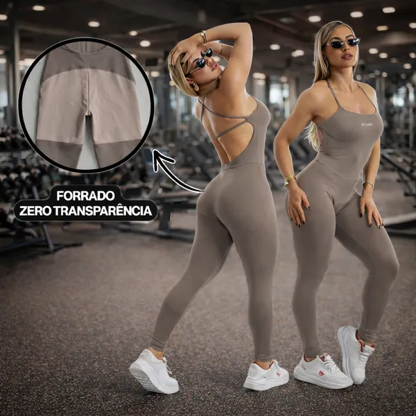 Macacão Academia Forrado Feminino Longo Fitness com Costas Abertas e de Alças Cruzadas em Suplex
