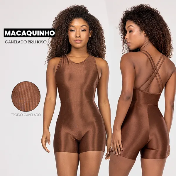 Macaquinho Fitness Feminino Brilhoso Trilobal Canelado - Academia, Treino, Corrida e Conforto
