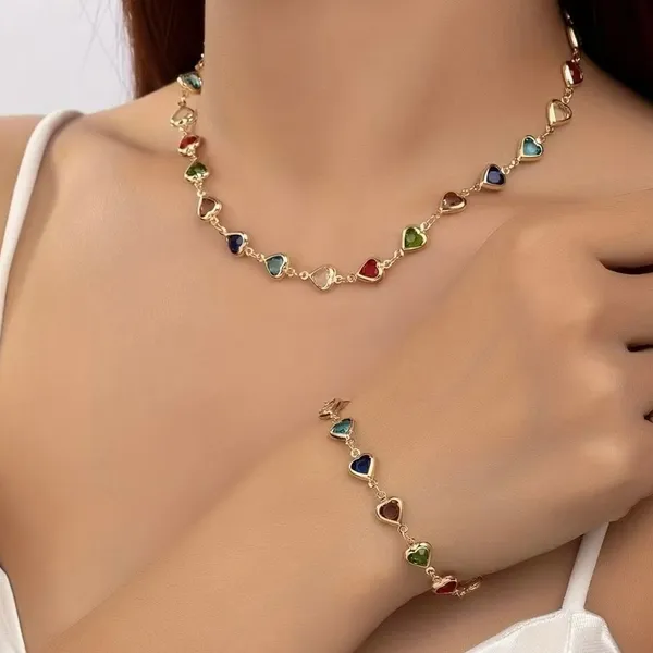 kit colar+pulseira coração pedrinhas coloridas folheado a ouro e prata