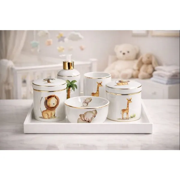 Kit Higiene Peças Bebê Safari Filete de Ouro Porcelana