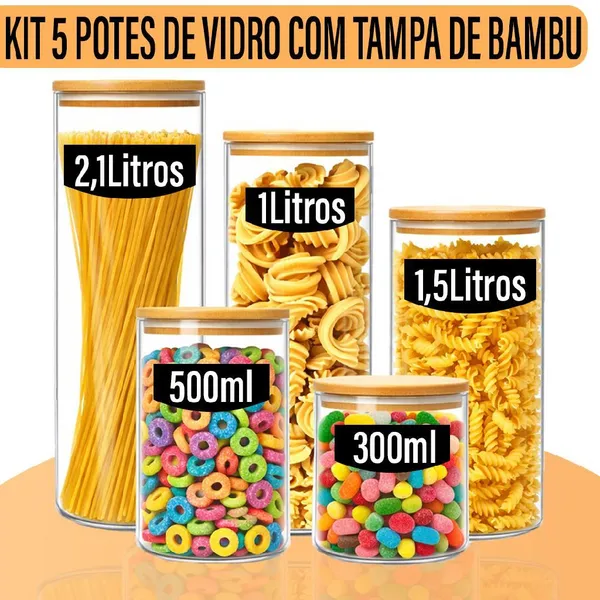 Kit 5 Potes Herméticos Vidro Borossilicato Tampa Bambu Yab Organizadores Cozinha Vedação