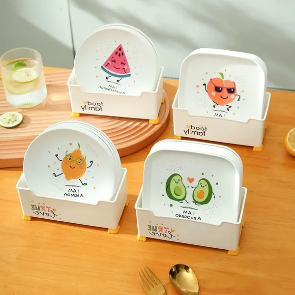 Kit 8 Pratos para Lanches e Frutas com Suporte Organizador - Design Fofo