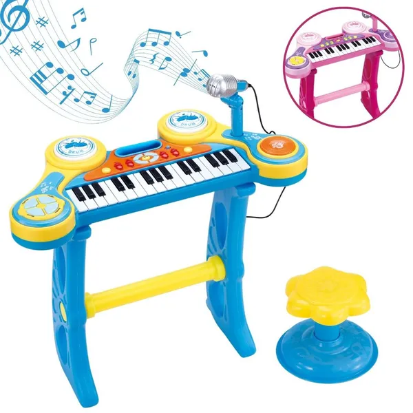 Teclado Piano Infantil Com Microfone e Banquinho Instrumento Musical Brinquedo com Luz e Som