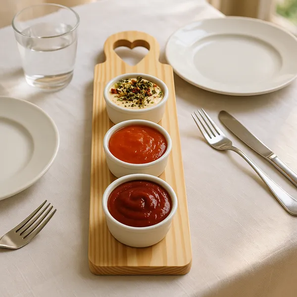 Kit Para Molhos Com Trio De Ramequim Branco de Porcelana com Tabua de Madeira Pinus