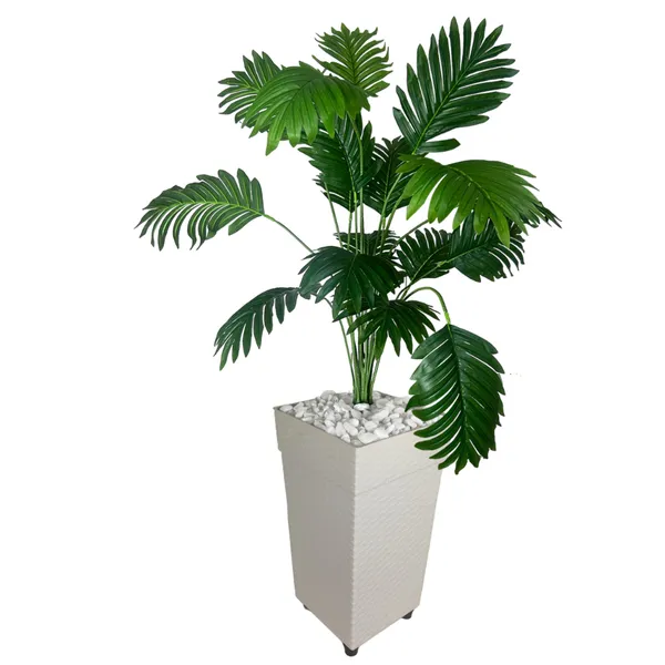 Planta Artificial Palmeira Arranjo + Vaso Grande Rattan Decoração Enfeite Casa