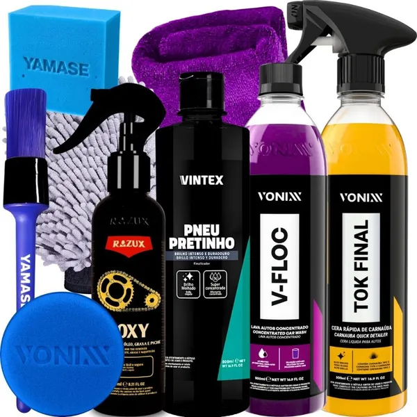 Kit Produto para Lavar Moto Cera Shampoo Desengraxante Pretinho Limpador de Corrente Vonixx