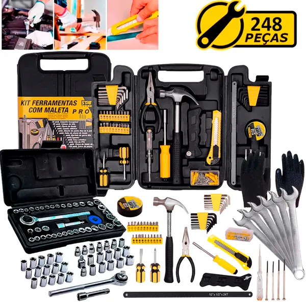 Kit Jogo De Ferramentas 248 Peças Soquetes Catraca Reversível + Chaves Combinadas + Luvas Pigmentada