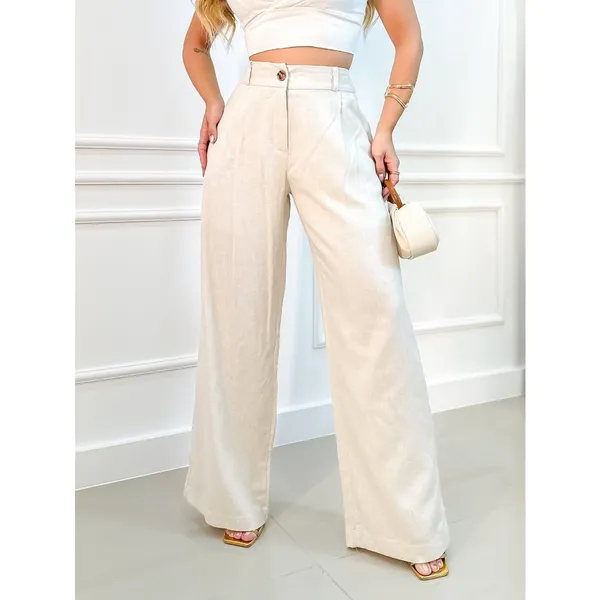EMILI CALCA FEMININA LINHO PANTALONA FLUIR/CINTURA ALTA/ ZIPER E BOTÕES/ PANTALONA AMPLA NA PERNA.- #9377