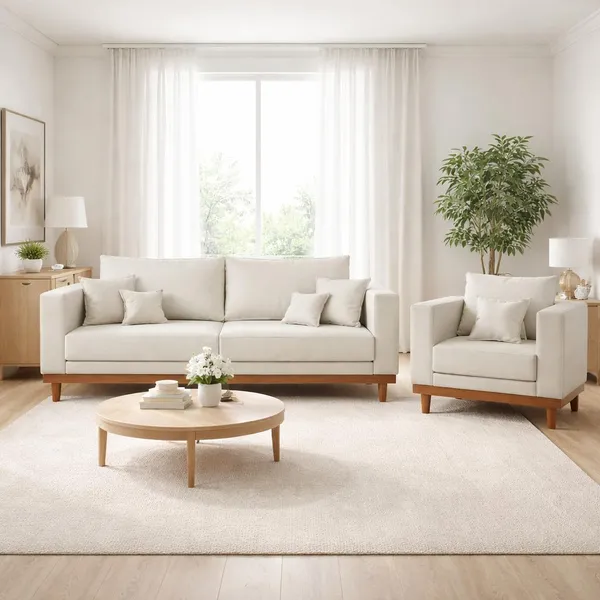 Kit Poltrona Living + Sofá 2 Lugares com Base Madeira Suede