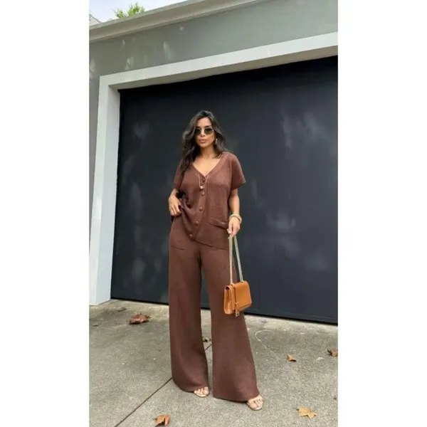 Conjunto Feminino Tricot Calça Pantalona e Max Colete Blusa Regata com Botões Kimono Moda Tendência