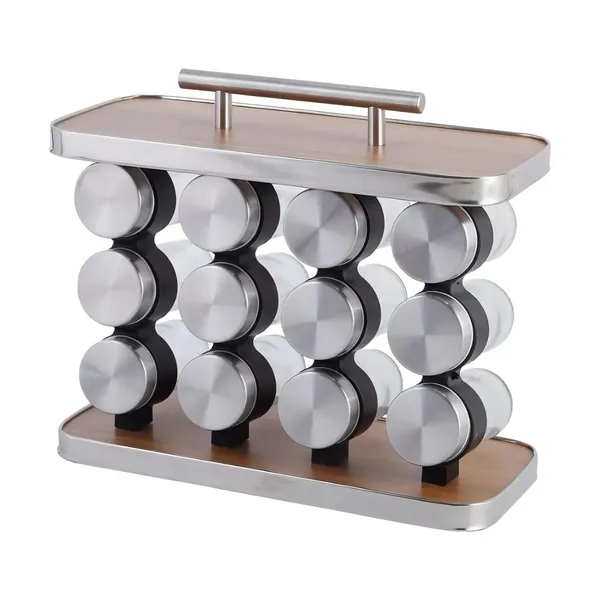 Porta Tempero Vertical Madeira Inox Com Alça 12 Potes Vidro Área Gourmet Cozinha Pronta Entrega