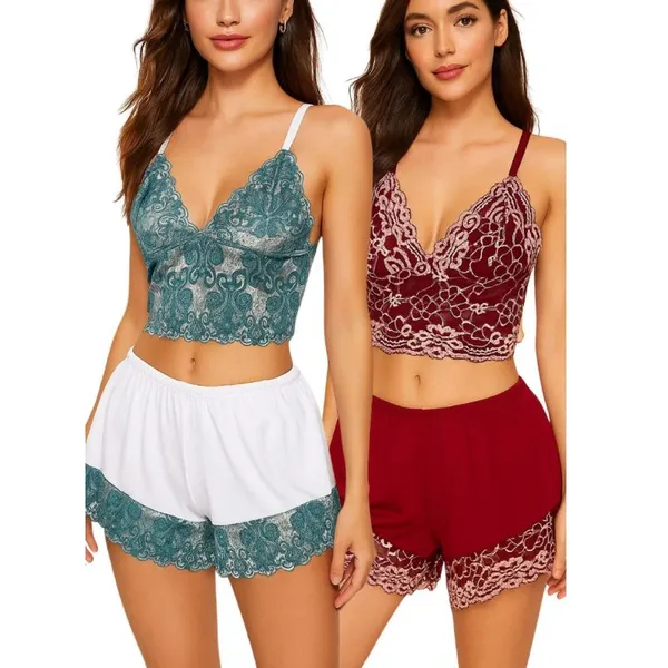 2 Baby Doll  de Renda Feminino Adulto Short  Toper de Renda Pijama Feminino em Renda Roupa  de Dormir