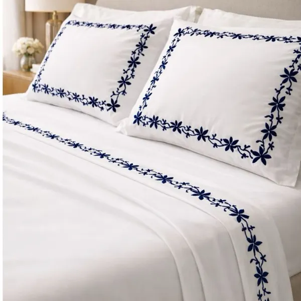 Jogo de Lençol Bordado Percal 400 Fios Solteiro/Casal/Queen/King 4 Peças com Elástico Macio Luxo