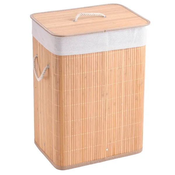 Cesto De Roupas Bambu Dobravel Retangular Banheiro Lavanderia Organizador Forrado 60L